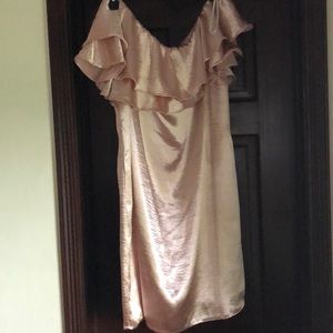 off the shoulder soft pink dress. Very feminine.
